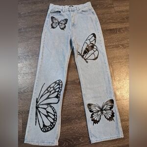 Simple Society Butterfly Print High Rise Straight Leg Light Wash Jeans-size 9/29